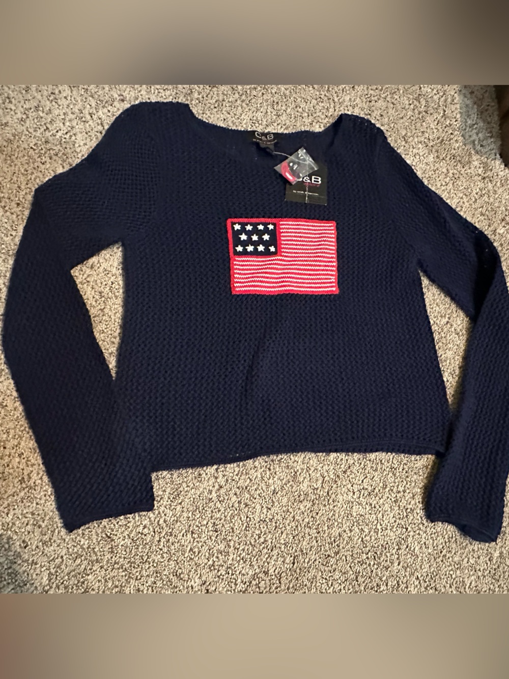 croft & barrow Navy Blue Loose Knit Sweater with American Flag Patriotic sheer